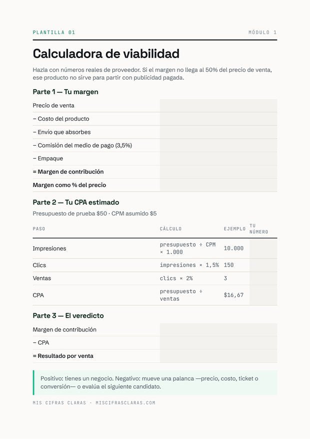 Plantilla: calculadora de viabilidad y margen de contribución
