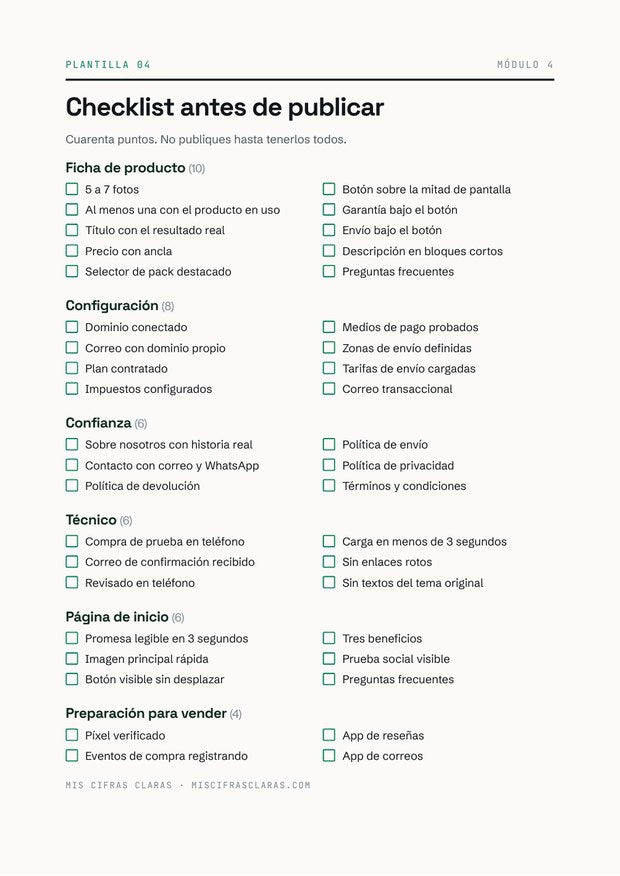 Plantilla: checklist de 40 puntos antes de publicar la tienda